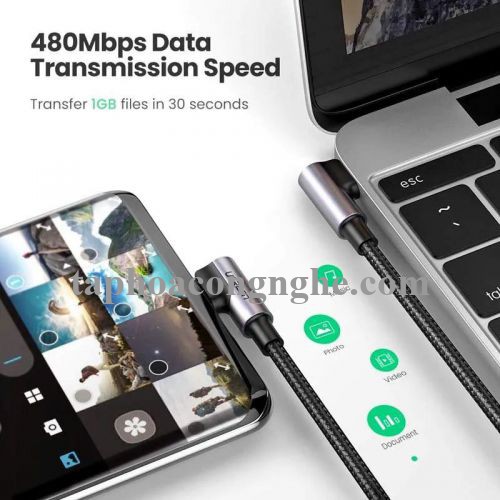 Ugreen 70528 0.5M PD 3A 20v 60W 2 đầu bẻ góc 90 độ cáp USB type C ra USB type C đầu nhôm mạ nickel chống nhiễu US323 30070528